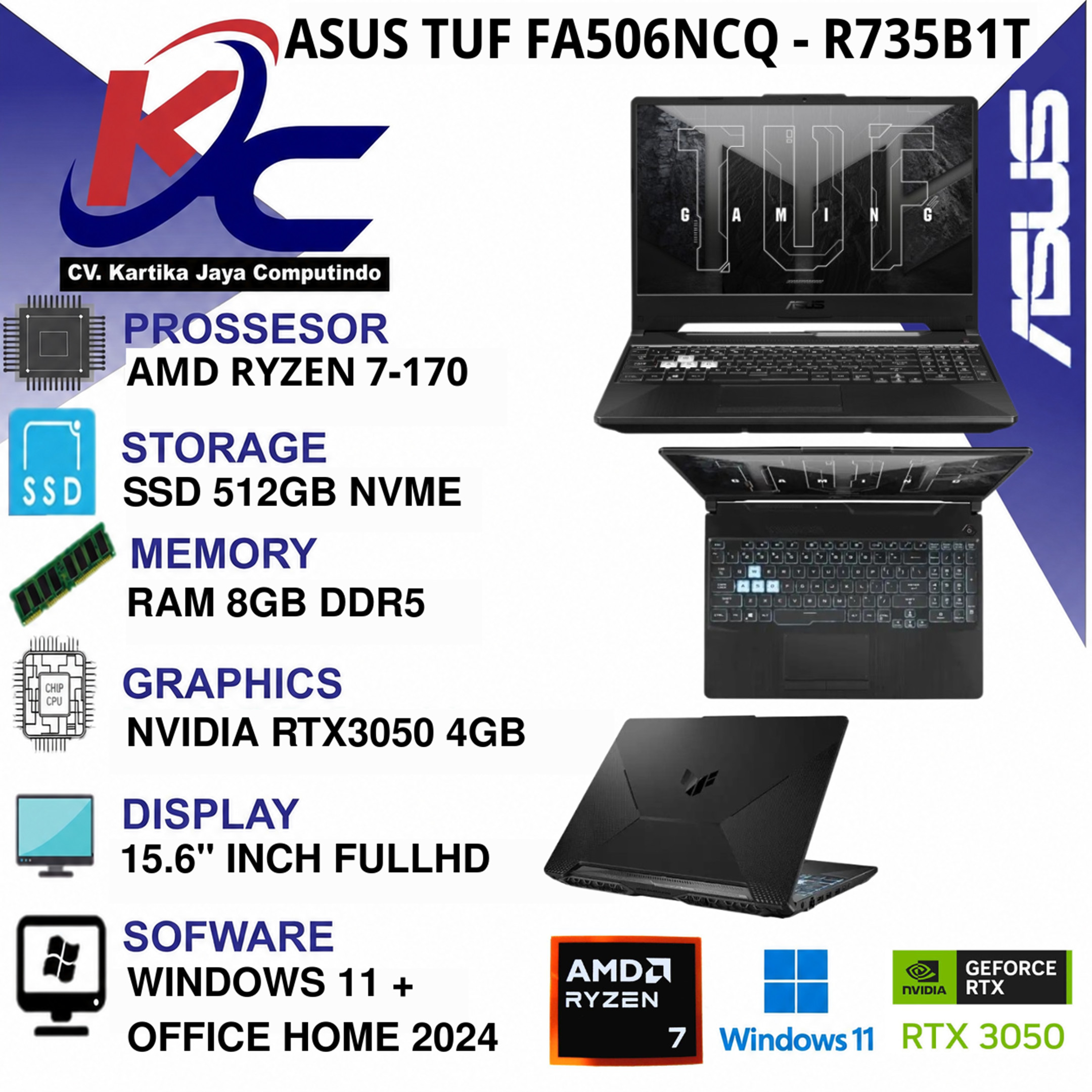 ASUS FA506NCQ - R735B1T-HM R7-170/ 8GB/ SSD512GB/ RTX3050-4GB/ W11+OHS BLACK
